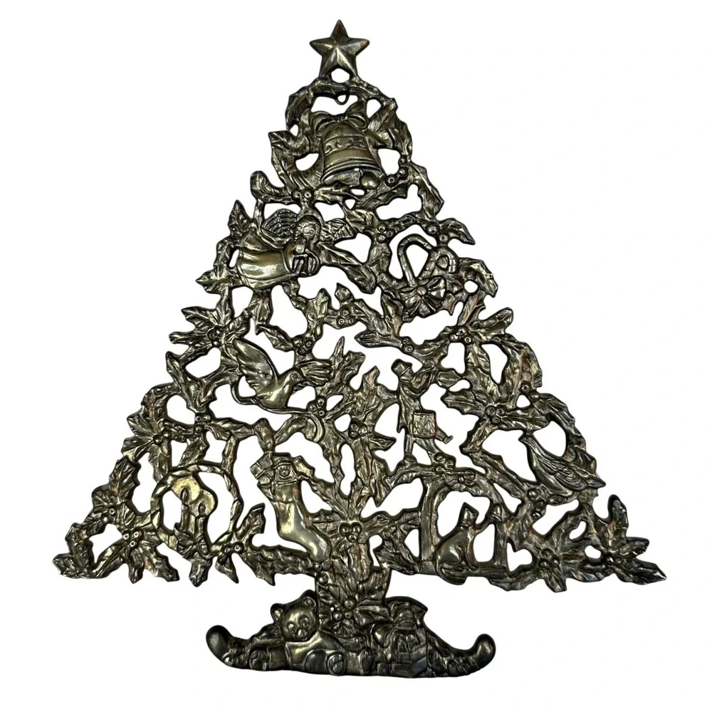 Vintage‎ Silver Metal Filigree Christmas Tree Wall Hanging Tabletop Decor Ornate